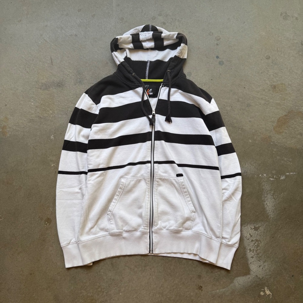 Amplify Mens Large Black White Striped Full Zip Hoodie Skater Emo Grunge L